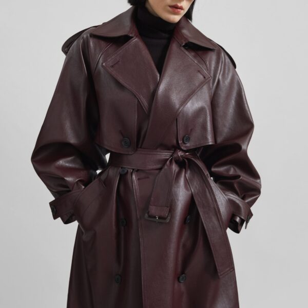 The Frankie Shop Vandve Faux Leather Trench - Burgundy - Oversized Minimalist Coats in Red - Shop at Coveti
