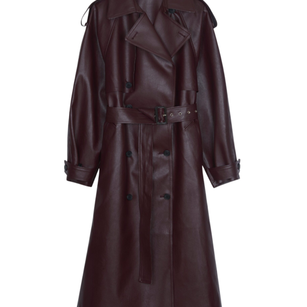 The Frankie Shop Vandve Faux Leather Trench - Burgundy - Oversized Minimalist Coats in Red - Shop at Coveti