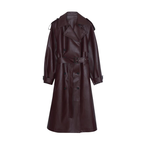 The Frankie Shop Vandve Faux Leather Trench - Burgundy - Oversized Minimalist Coats in Red - Shop at Coveti