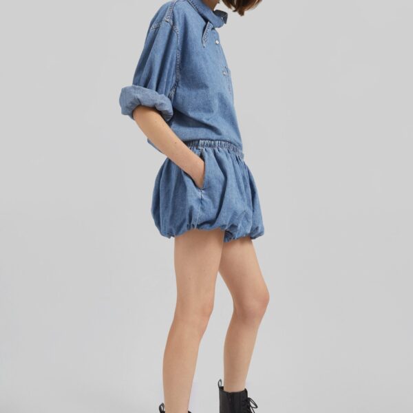 The Frankie Shop Varzy Denim Bubble-Hem Shorts - Medium Wash - Oversized Minimalist Shorts in Grey - Shop at Coveti