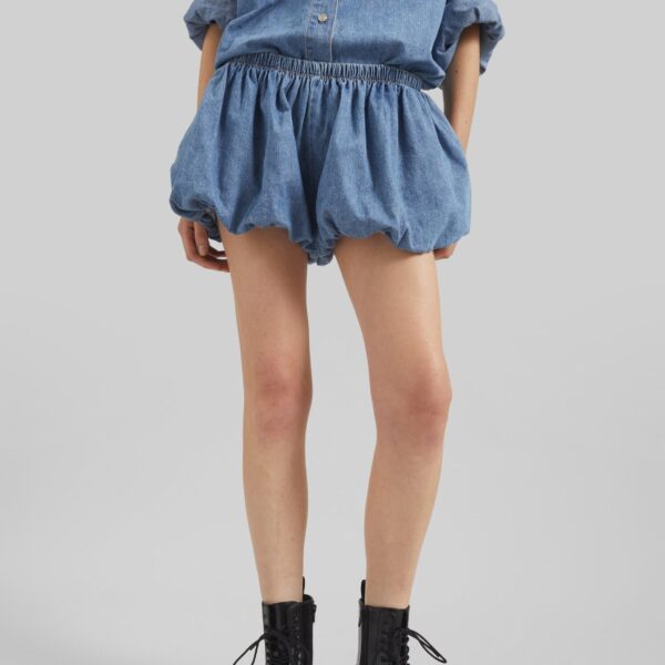 The Frankie Shop Varzy Denim Bubble-Hem Shorts - Medium Wash - Oversized Minimalist Shorts in Grey - Shop at Coveti