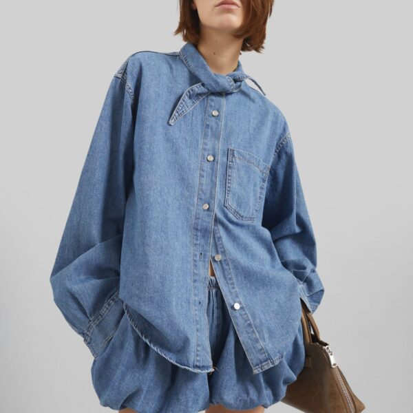 The Frankie Shop Varzy Denim Bubble-Hem Shorts - Medium Wash - Oversized Minimalist Shorts in Grey - Shop at Coveti