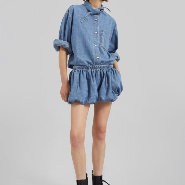 The Frankie Shop Varzy Denim Bubble-Hem Shorts - Medium Wash - Oversized Minimalist Shorts in Grey - Shop at Coveti