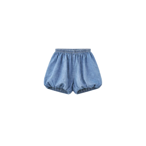 The Frankie Shop Varzy Denim Bubble-Hem Shorts - Medium Wash - Oversized Minimalist Shorts in Grey - Shop at Coveti
