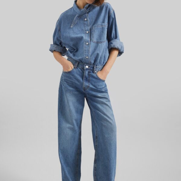 The Frankie Shop Varzy Denim Shirt - Medium Wash - Oversized Minimalist Tops in Grey - Shop at Coveti
