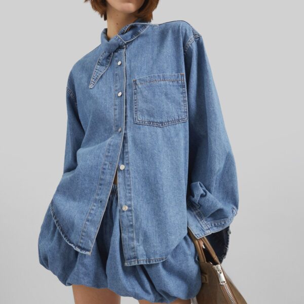 The Frankie Shop Varzy Denim Shirt - Medium Wash - Oversized Minimalist Tops in Grey - Shop at Coveti
