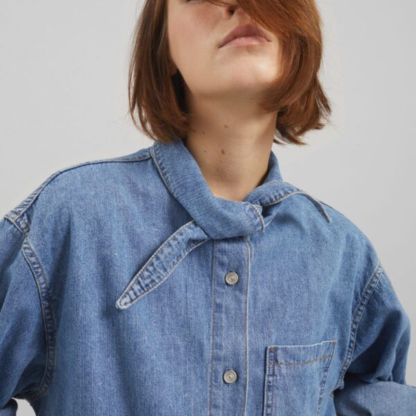 The Frankie Shop Varzy Denim Shirt - Medium Wash - Oversized Minimalist Tops in Grey - Shop at Coveti