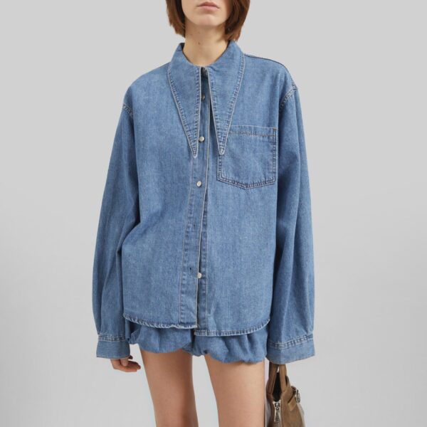 The Frankie Shop Varzy Denim Shirt - Medium Wash - Oversized Minimalist Tops in Grey - Shop at Coveti