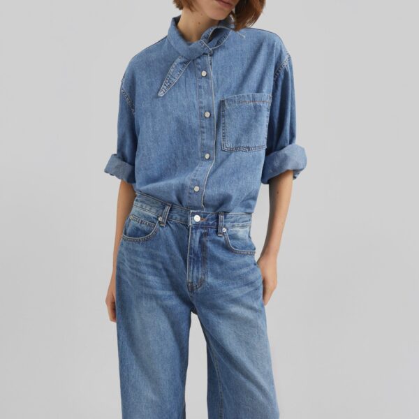 The Frankie Shop Varzy Denim Shirt - Medium Wash - Oversized Minimalist Tops in Grey - Shop at Coveti