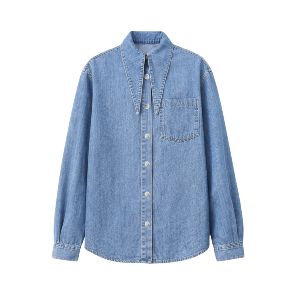 The Frankie Shop Varzy Denim Shirt - Medium Wash - Oversized Minimalist Tops in Grey - Shop at Coveti