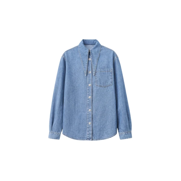 The Frankie Shop Varzy Denim Shirt - Medium Wash - Oversized Minimalist Tops in Grey - Shop at Coveti
