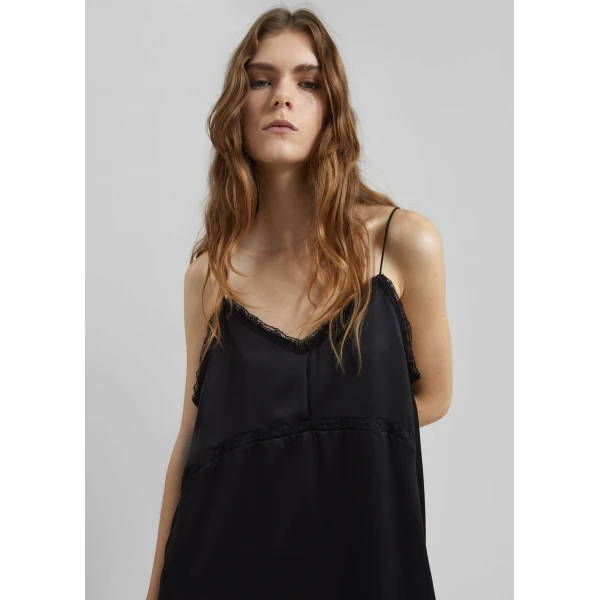 The Frankie Shop Velanne Satin Lace Trim Dress – Black, view 5