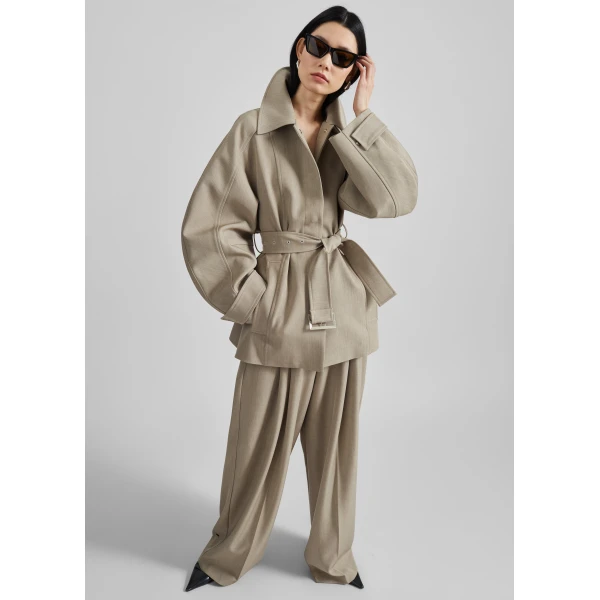 The Frankie Shop Venlo Curve Sleeve Belted Jacket – Beige, view 2