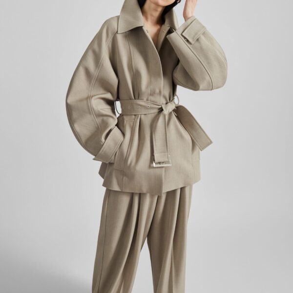 The Frankie Shop Venlo Curve Sleeve Belted Jacket - Beige - Oversized Minimalist Jackets in Beige - Shop at Coveti