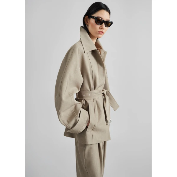 The Frankie Shop Venlo Curve Sleeve Belted Jacket – Beige, view 3
