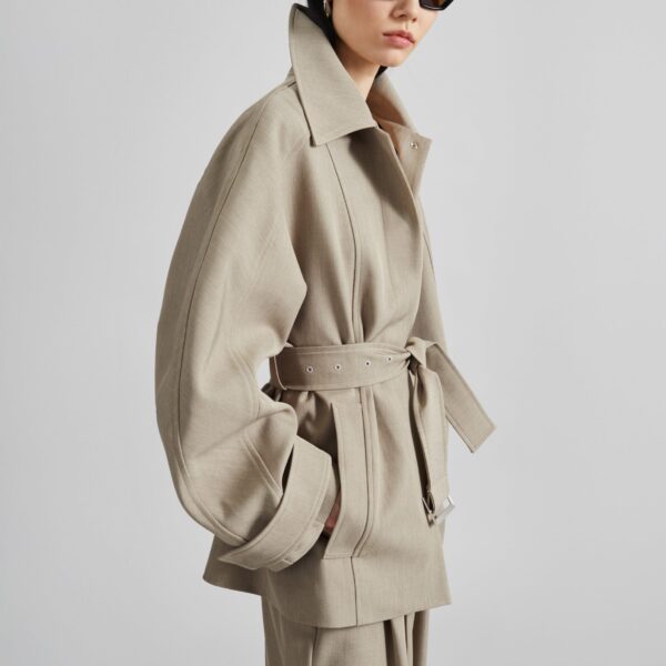 The Frankie Shop Venlo Curve Sleeve Belted Jacket - Beige - Oversized Minimalist Jackets in Beige - Shop at Coveti