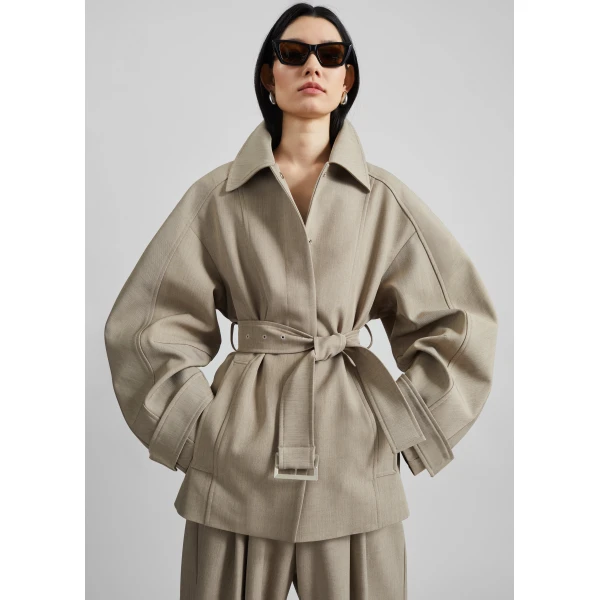 The Frankie Shop Venlo Curve Sleeve Belted Jacket – Beige, view 5
