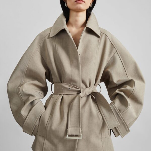 The Frankie Shop Venlo Curve Sleeve Belted Jacket - Beige - Oversized Minimalist Jackets in Beige - Shop at Coveti