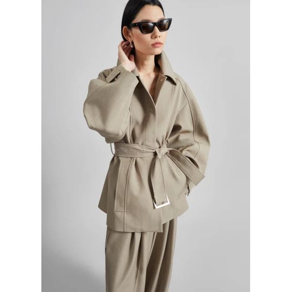 The Frankie Shop Venlo Curve Sleeve Belted Jacket – Beige, view 6