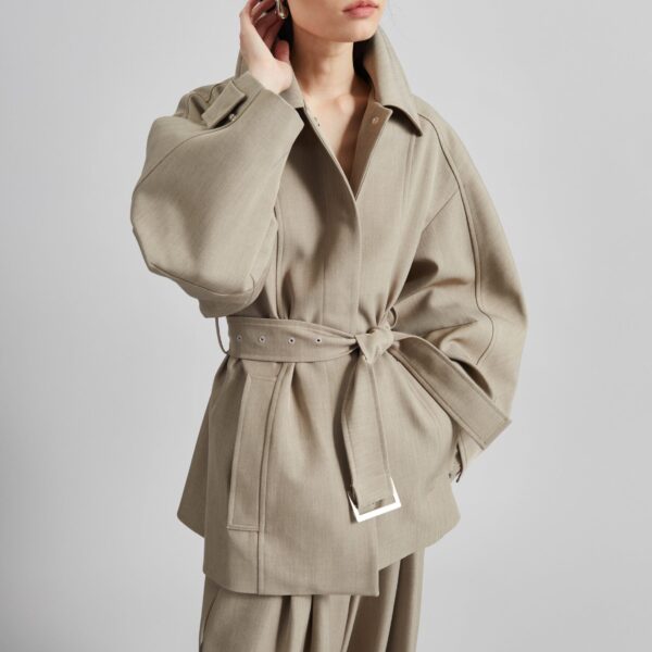 The Frankie Shop Venlo Curve Sleeve Belted Jacket - Beige - Oversized Minimalist Jackets in Beige - Shop at Coveti