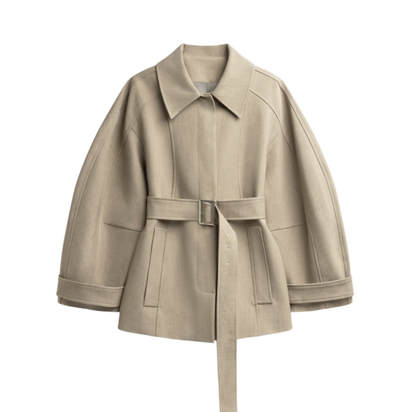 The Frankie Shop Venlo Curve Sleeve Belted Jacket - Beige - Oversized Minimalist Jackets in Beige - Shop at Coveti