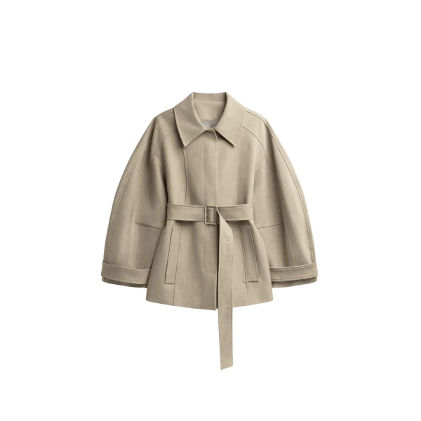 The Frankie Shop Venlo Curve Sleeve Belted Jacket - Beige - Oversized Minimalist Jackets in Beige - Shop at Coveti