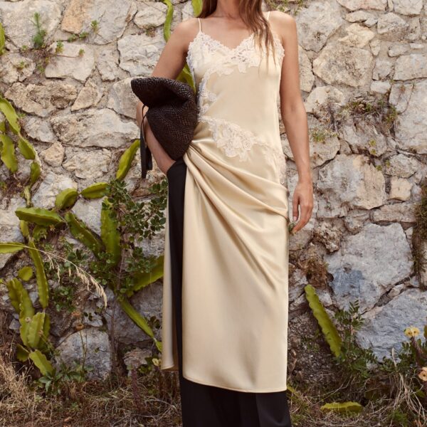 The Frankie Shop Vera Satin Maxi Dress - Vanilla Cream - Oversized Minimalist Dresses in Ivory - Shop at Coveti