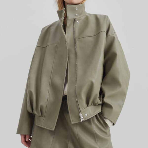 The Frankie Shop Veren Faux Leather Bomber Jacket - Sage - Oversized Minimalist Jackets in Green - Shop at Coveti