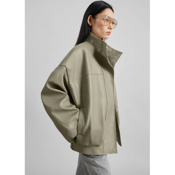 The Frankie Shop Veren Faux Leather Bomber Jacket – Sage, view 3