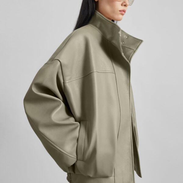 The Frankie Shop Veren Faux Leather Bomber Jacket - Sage - Oversized Minimalist Jackets in Green - Shop at Coveti