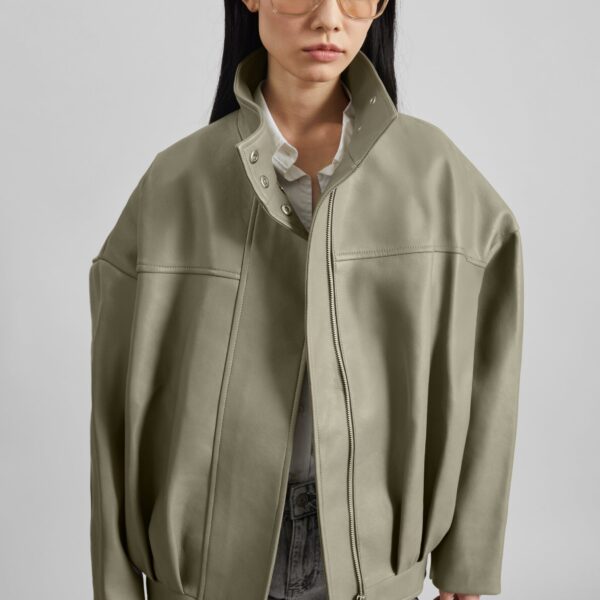 The Frankie Shop Veren Faux Leather Bomber Jacket - Sage - Oversized Minimalist Jackets in Green - Shop at Coveti