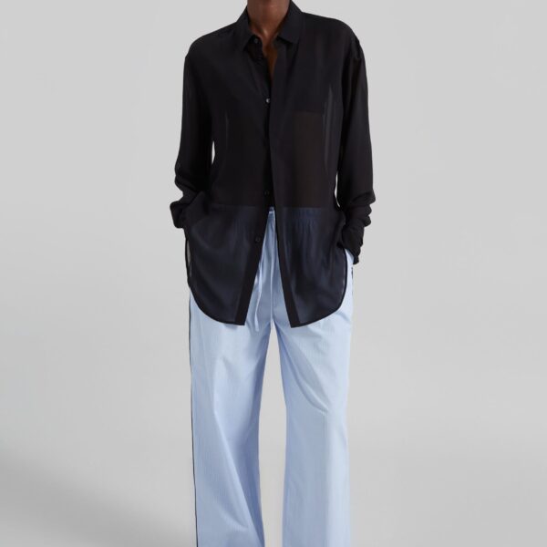 The Frankie Shop Verlin Sheer Chiffon Tie Cuff Shirt - Black - Oversized Minimalist Tops in Black - Shop at Coveti