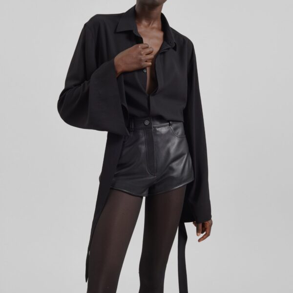 The Frankie Shop Verlin Sheer Chiffon Tie Cuff Shirt - Black - Oversized Minimalist Tops in Black - Shop at Coveti