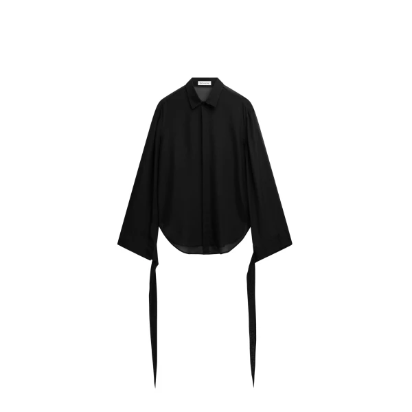 The Frankie Shop Verlin Sheer Chiffon Tie Cuff Shirt - Black - Oversized Minimalist Tops in Black - Shop at Coveti