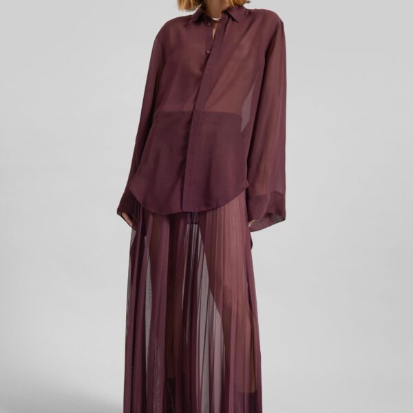The Frankie Shop Verlin Sheer Chiffon Tie Cuff Shirt - Burgundy - Oversized Minimalist Tops in Red - Shop at Coveti