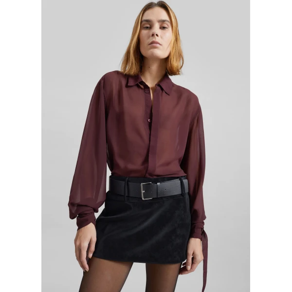 The Frankie Shop Verlin Sheer Chiffon Tie Cuff Shirt – Burgundy, view 3