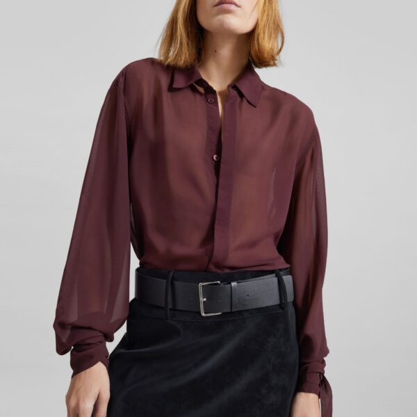 The Frankie Shop Verlin Sheer Chiffon Tie Cuff Shirt - Burgundy - Oversized Minimalist Tops in Red - Shop at Coveti