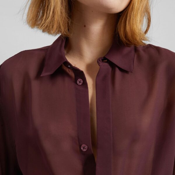 The Frankie Shop Verlin Sheer Chiffon Tie Cuff Shirt - Burgundy - Oversized Minimalist Tops in Red - Shop at Coveti