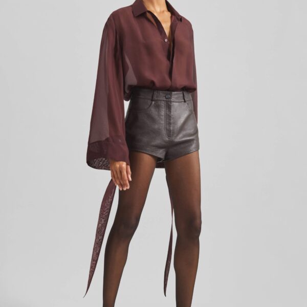 The Frankie Shop Verlin Sheer Chiffon Tie Cuff Shirt - Burgundy - Oversized Minimalist Tops in Red - Shop at Coveti