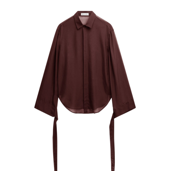 The Frankie Shop Verlin Sheer Chiffon Tie Cuff Shirt - Burgundy - Oversized Minimalist Tops in Red - Shop at Coveti