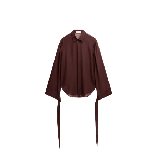 The Frankie Shop Verlin Sheer Chiffon Tie Cuff Shirt - Burgundy - Oversized Minimalist Tops in Red - Shop at Coveti