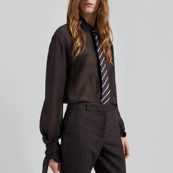 The Frankie Shop Verlin Sheer Chiffon Tie Cuff Shirt - Dark Brown - Oversized Minimalist Tops in Beige - Shop at Coveti