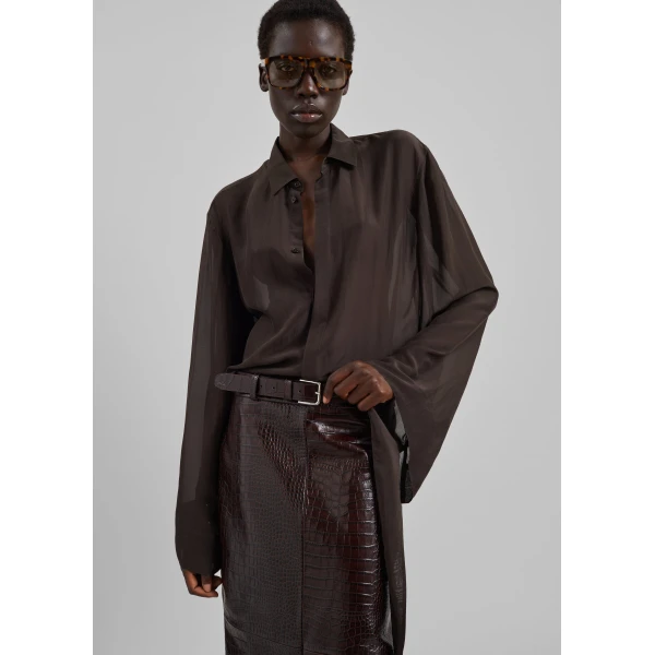 The Frankie Shop Verlin Sheer Chiffon Tie Cuff Shirt – Dark Brown, view 3