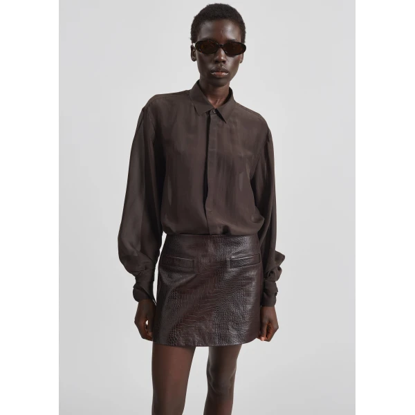 The Frankie Shop Verlin Sheer Chiffon Tie Cuff Shirt – Dark Brown, view 5