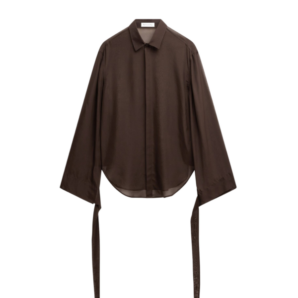 The Frankie Shop Verlin Sheer Chiffon Tie Cuff Shirt - Dark Brown - Oversized Minimalist Tops in Beige - Shop at Coveti