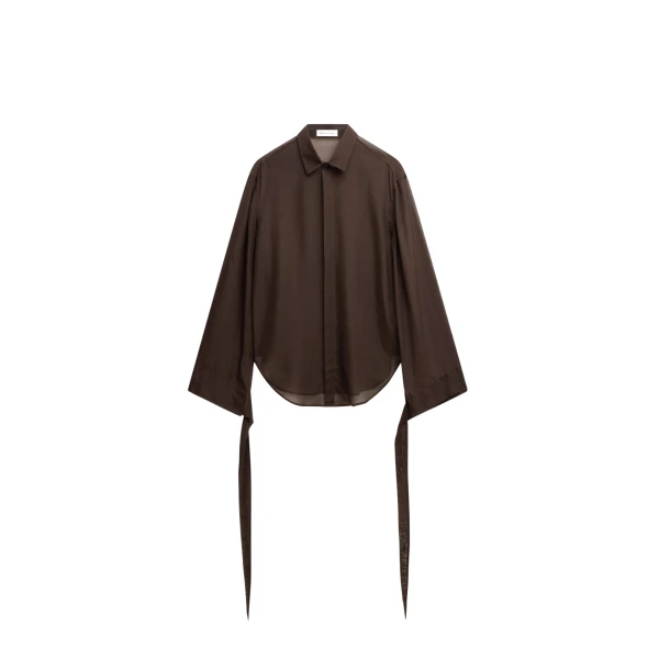 The Frankie Shop Verlin Sheer Chiffon Tie Cuff Shirt - Dark Brown - Oversized Minimalist Tops in Beige - Shop at Coveti