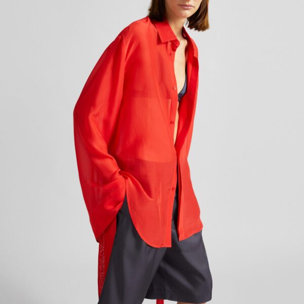 The Frankie Shop Verlin Sheer Chiffon Tie Cuff Shirt - Red - Oversized Minimalist Tops in Red - Shop at Coveti
