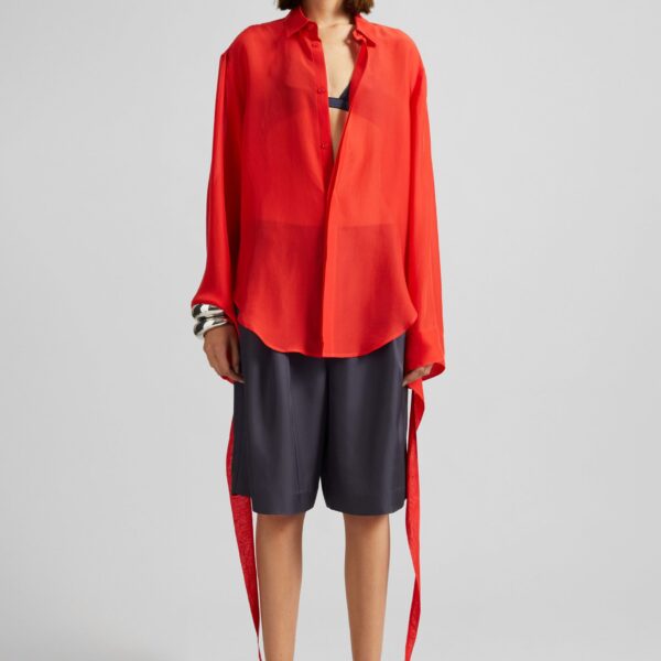 The Frankie Shop Verlin Sheer Chiffon Tie Cuff Shirt - Red - Oversized Minimalist Tops in Red - Shop at Coveti