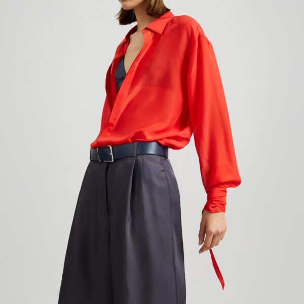 The Frankie Shop Verlin Sheer Chiffon Tie Cuff Shirt - Red - Oversized Minimalist Tops in Red - Shop at Coveti
