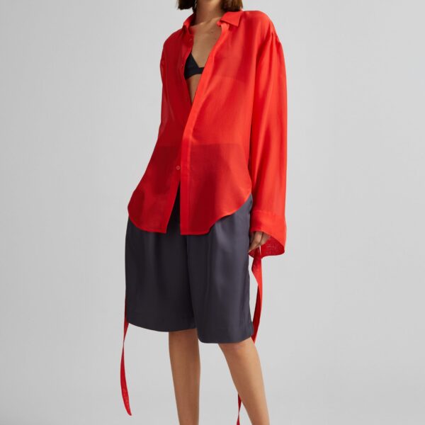 The Frankie Shop Verlin Sheer Chiffon Tie Cuff Shirt - Red - Oversized Minimalist Tops in Red - Shop at Coveti